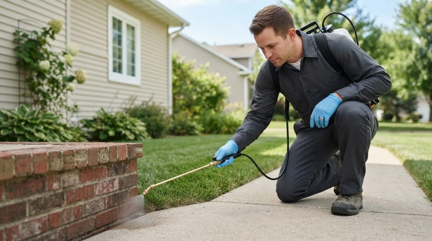 Pest control technician treating a home near Deerfield, MI