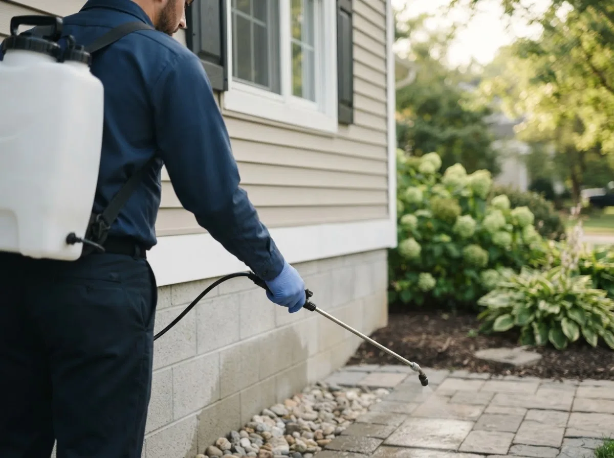 Pest control technician inspecting a home in Deerfield, MI